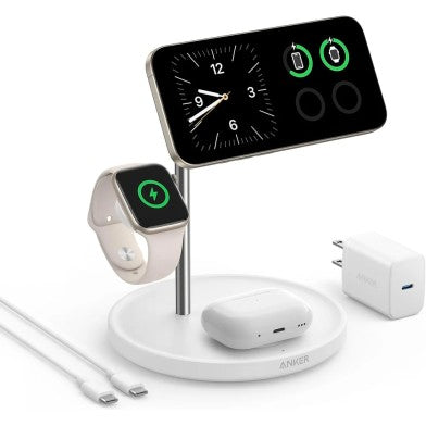 Anker MagSafe Charger Stand Compatible, iPhone 17 MagGo 3 in 1 Wireless Charging Station,Qi2 Certified 15W Wireless Charger, Desk Accessory, for iPhone 15/14/13/12 Series Apple Watch, AirPods The Branded Hub