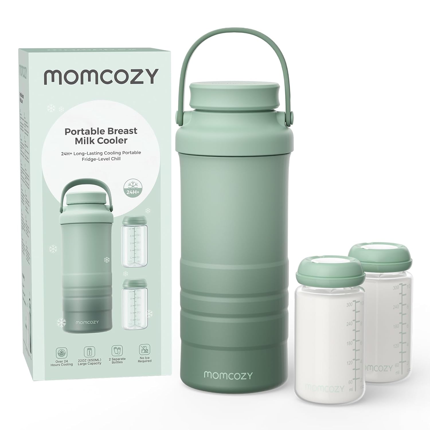 Momcozy 22oz Portable Breastmilk Cooler for 24H Outdoor, Newborn Essentials | 24 Hours & 360° Surrounded Cooling, 2 Extra Baby Bottles for Better Storage, Life Saver for Working Mom, Hassle-Free Cleaning