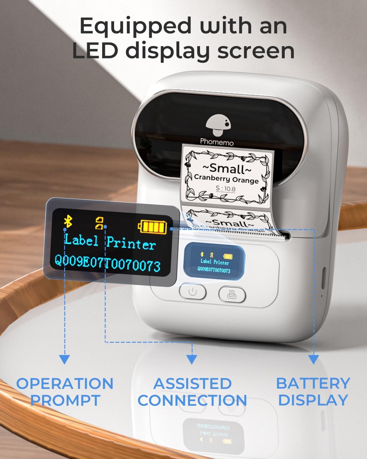 Phomemo M110 Label Printer, Portable Thermal Label Maker with Display | Easy to Use, 2 Inch Bluetooth Themral Printer for Small Business, Home, School, Organization, APP with 6000+ Templates, White