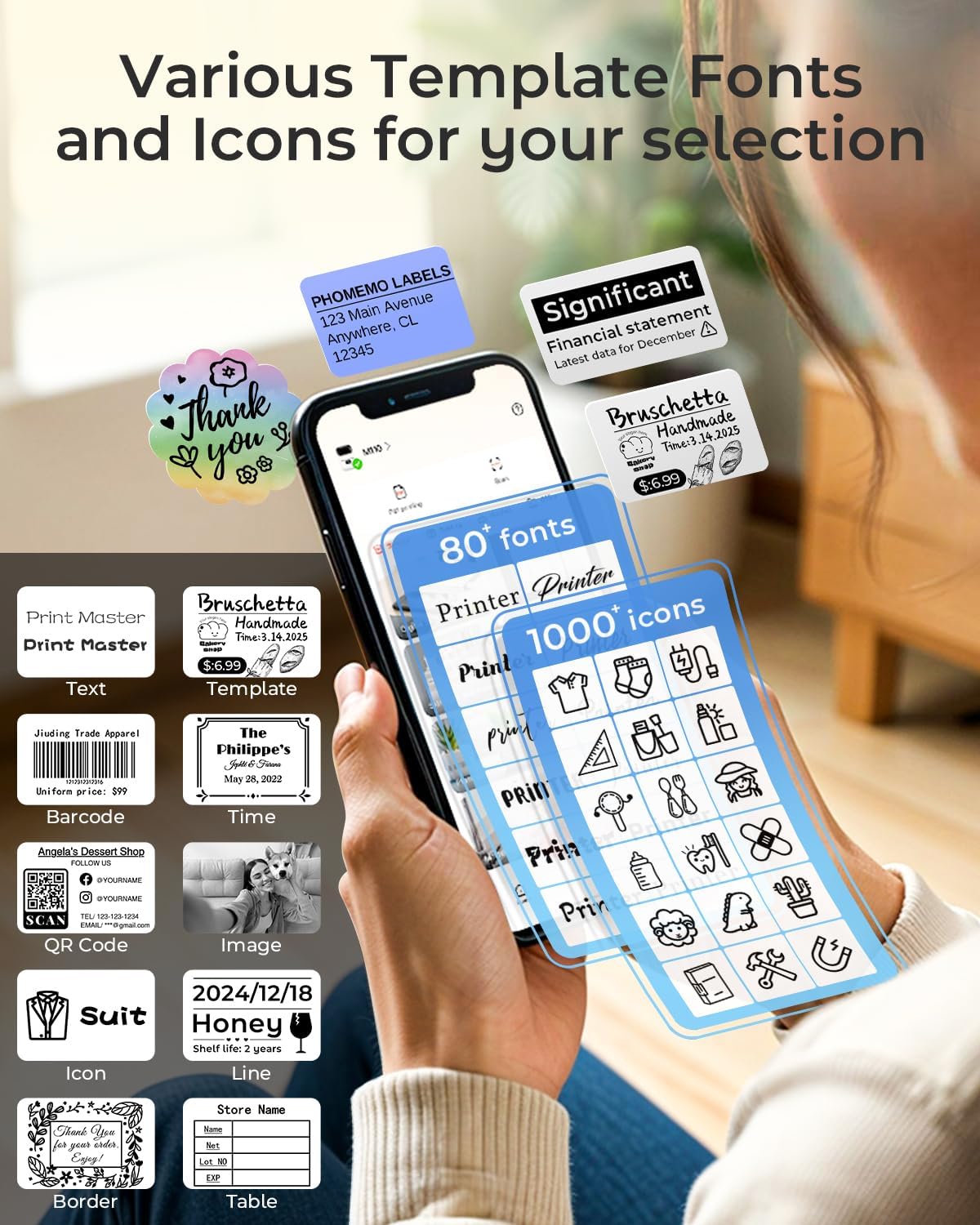 Phomemo M110 Label Printer, Portable Thermal Label Maker with Display | Easy to Use, 2 Inch Bluetooth Themral Printer for Small Business, Home, School, Organization, APP with 6000+ Templates, White