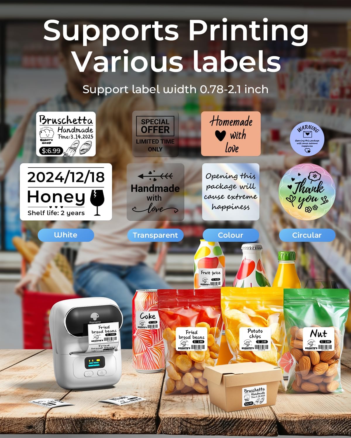 Phomemo M110 Label Printer, Portable Thermal Label Maker with Display | Easy to Use, 2 Inch Bluetooth Themral Printer for Small Business, Home, School, Organization, APP with 6000+ Templates, White