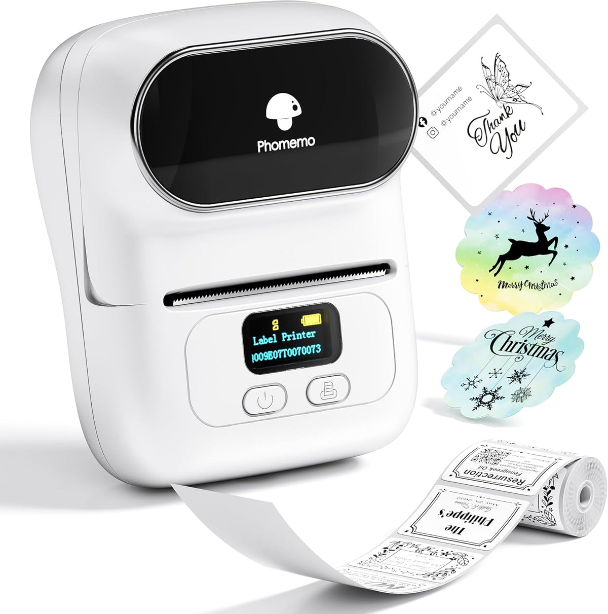 Phomemo M110 Label Printer, Portable Thermal Label Maker with Display | Easy to Use, 2 Inch Bluetooth Themral Printer for Small Business, Home, School, Organization, APP with 6000+ Templates, White