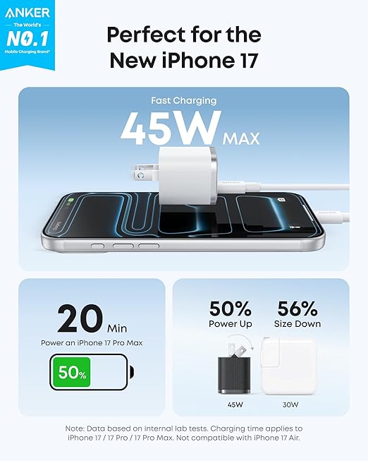 Anker Nano 45W Type C Charger Fast Charging, Compact and Foldable Plug USB C Charger Block for iPhone 17/16 Series, MacBook, Pixel 9, iPad, Samsung Galaxy S25 Ultra / S24 Series (6 ft Cable Included) The Branded Hub