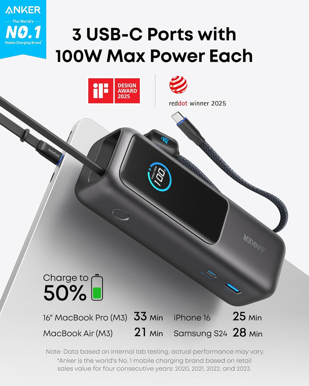 Anker Laptop Power Bank, 25,000mAh Portable Charger with Triple 100W USB-C Ports, Built-in Retractable Cables, Flight-Approved for Travel, iPhone 16/15 Series, MacBook, Samsung, and More The Branded Hub