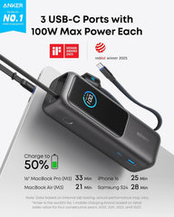 Anker Laptop Power Bank, 25,000mAh Portable Charger with Triple 100W USB-C Ports, Built-in Retractable Cables, Flight-Approved for Travel, iPhone 16/15 Series, MacBook, Samsung, and More The Branded Hub