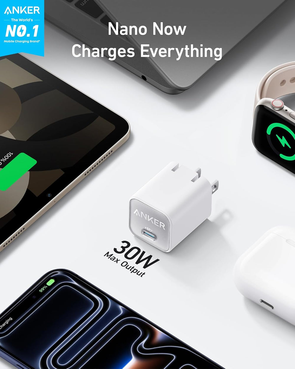 Anker Nano USB C Charger Block, 30W PIQ 3.0 Foldable iPhone Charger Fast Charging for iPhone 17/16 Series, Galaxy, iPad, Compatible with MagSafe The Branded Hub