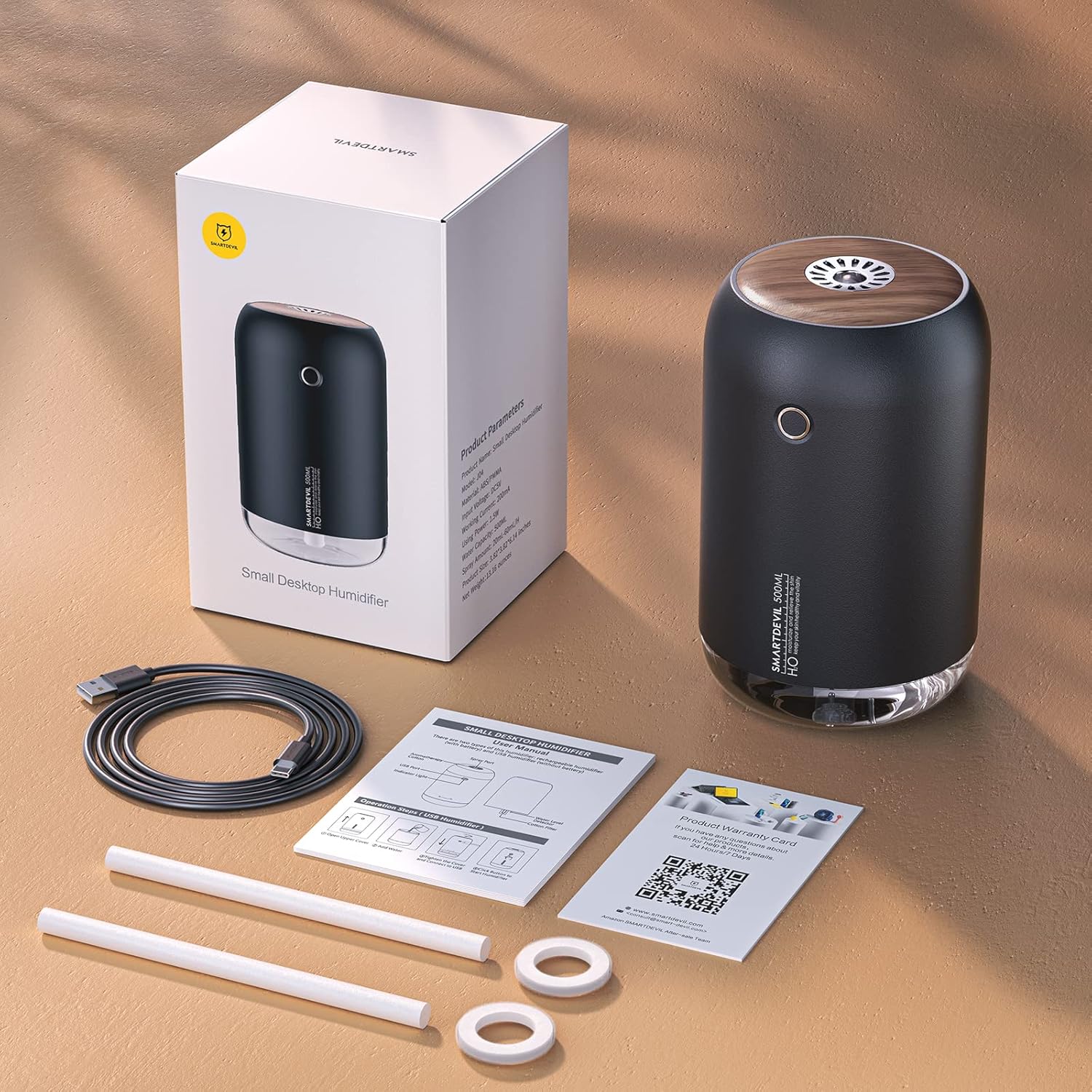 SmartDevil Portable Mini Humidifier, 500ml Desk Plant Humidifier, USB Personal for Bedroom, Office with Night Light, 2 Mist Modes, Black The Branded Hub