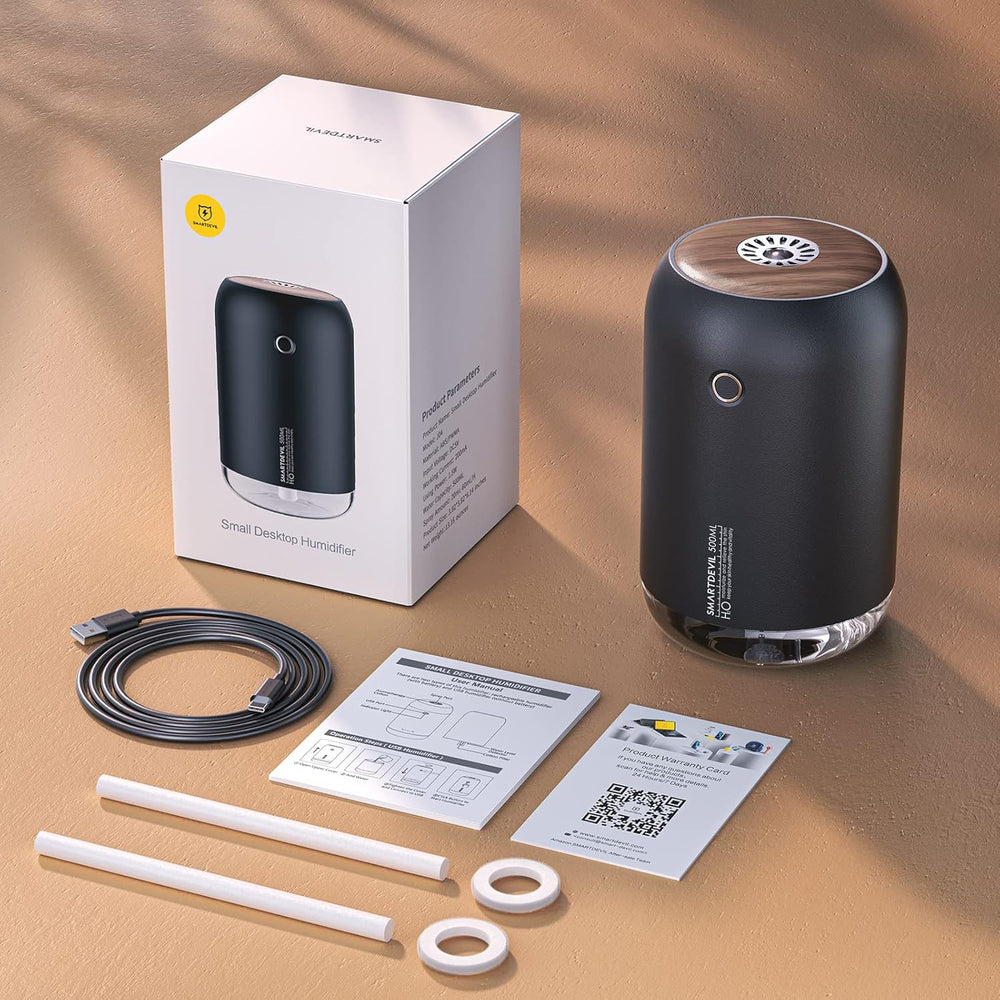 SmartDevil Portable Mini Humidifier, 500ml Desk Plant Humidifier, USB Personal for Bedroom, Office with Night Light, 2 Mist Modes, Black The Branded Hub