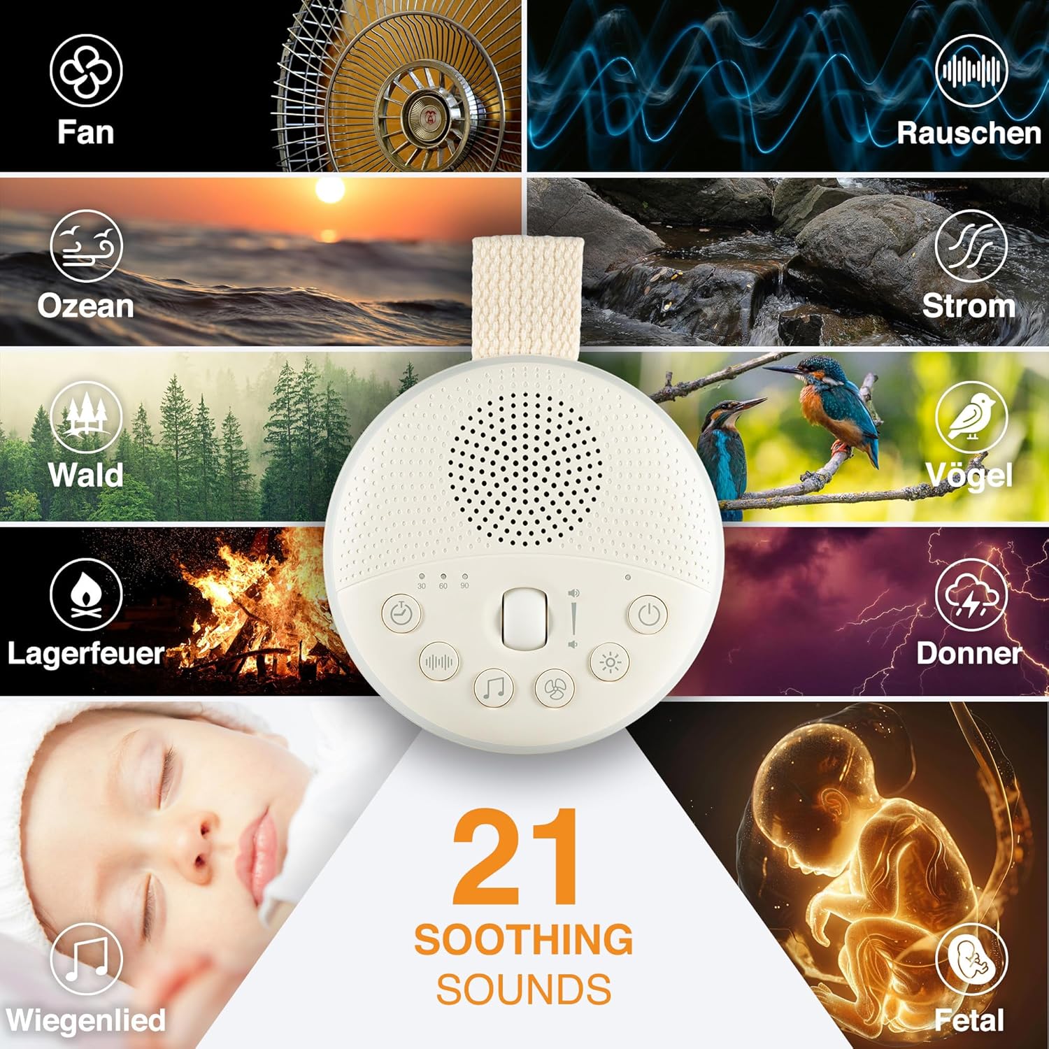 Swiftvein White Noise Machine & Sleep Aid for Babies - 21 Soothing Sounds, Night Light, Timer & Memory Function, Portable & Rechargeable