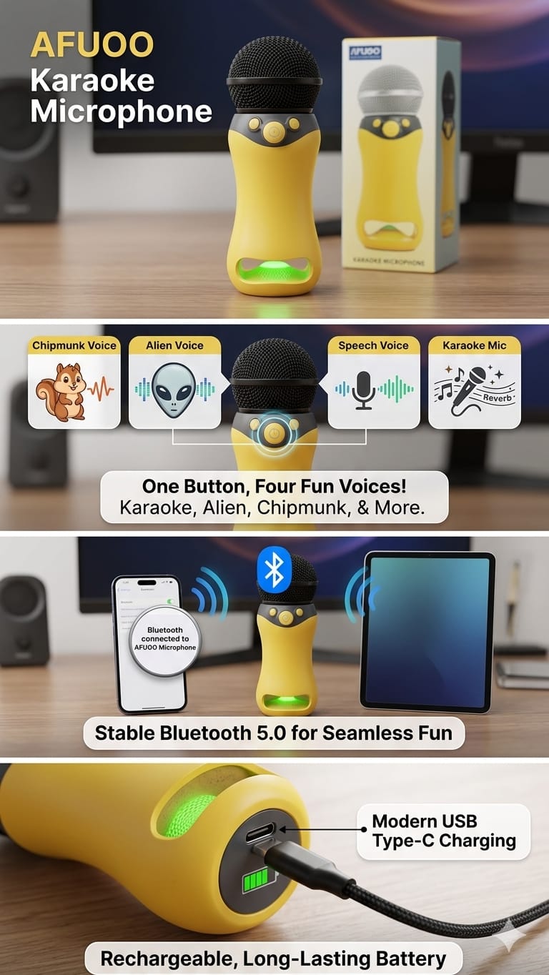 AFUOO Magic Karaoke Mic for Kids - Bluetooth Speaker with Alien & Chipmunk Voice Changer