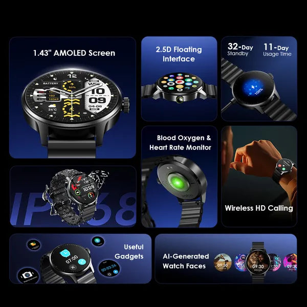 Oraimo Watch 5R Pro 1.43" AMOLED 2.5D Floating Interface IP68 Smart Watch